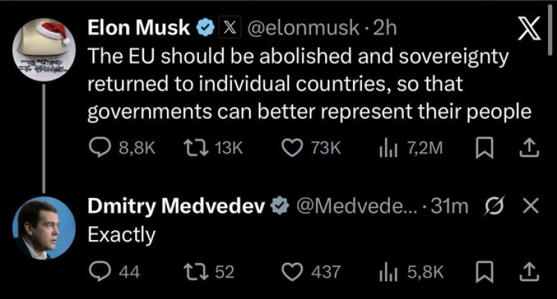 Dmitri Medvedev răspunde la inițiativa lui Elon Musk privind „desființarea” Uniunii Europene: Opinie pe X